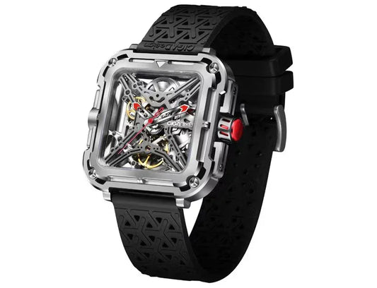 スクエア型スケルトン機械式腕時計、ブラックラバーベルトとモダンデザイン