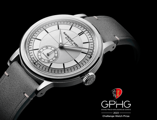 RAYMOND WEIL automatic watch with silver dial and grey leather strap, 2023 GPHG Challenge Prize winner