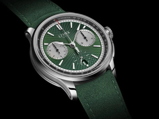 CONTÉVANOU green dial chronograph wristwatch with silver case and green leather strap