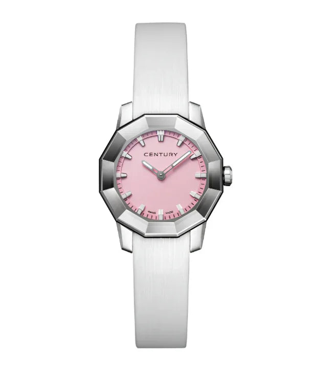 Ladies' luxury watch with octagonal stainless steel case, pink dial, and white strap