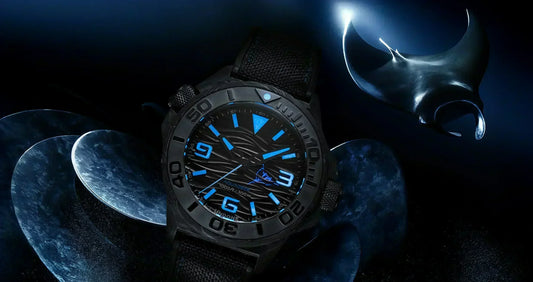 CONTÉVANOU black and blue dive watch with manta ray, aquatic-themed background