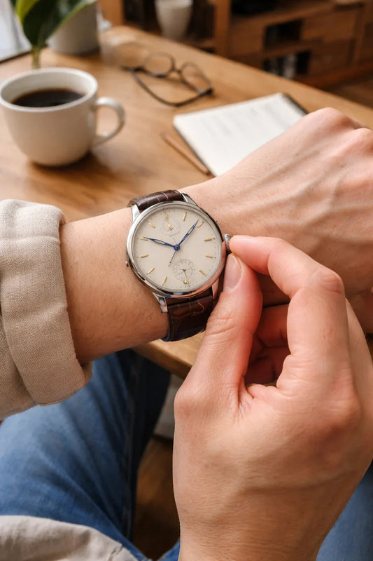 Blue brown mechanical leather watch from CONTÉVANOU