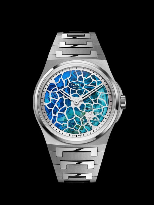 CONTÉVANOU Czapek Antarctique luxury watch with blue plique-à-jour enamel dial and steel bracelet