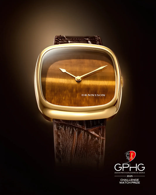 CONTÉVANOU gold-toned square wristwatch with brown tiger eye dial, brown leather strap, and GPHG 2025 Challenge Watch Prize logo