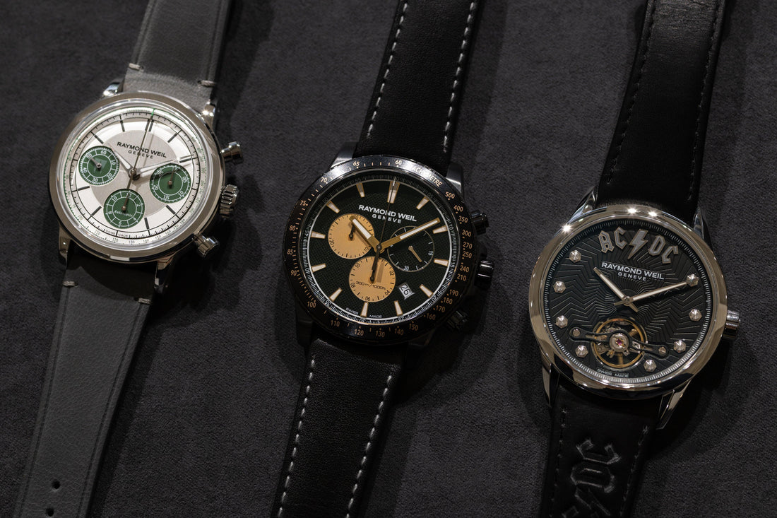 Three RAYMOND WEIL Swiss watches featuring automatic, chronograph and tourbillon models