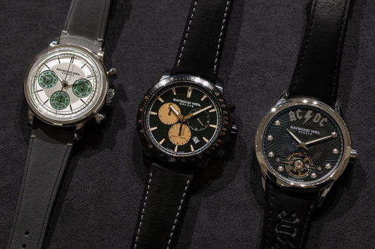 Three RAYMOND WEIL Swiss watches featuring automatic, chronograph and tourbillon models