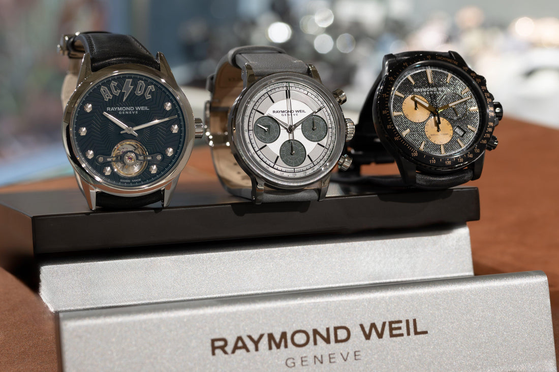 Three RAYMOND WEIL Swiss mechanical watches including an AC/DC edition, chronograph and black-dial model
