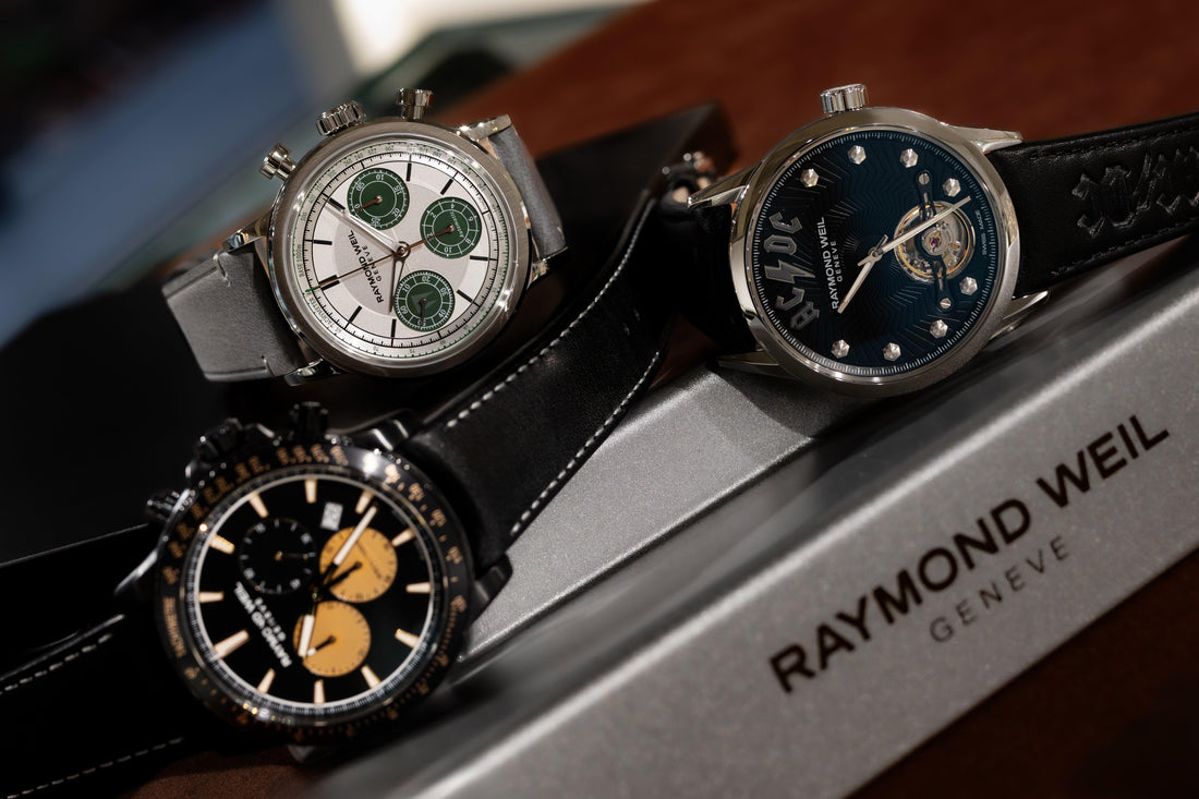 Three RAYMOND WEIL mechanical watches featuring chronograph, tourbillon and black-dial designs
