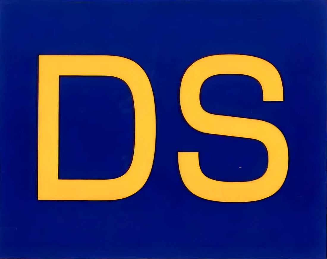 CONTÉVANOU, bold yellow DS letters on blue background signage