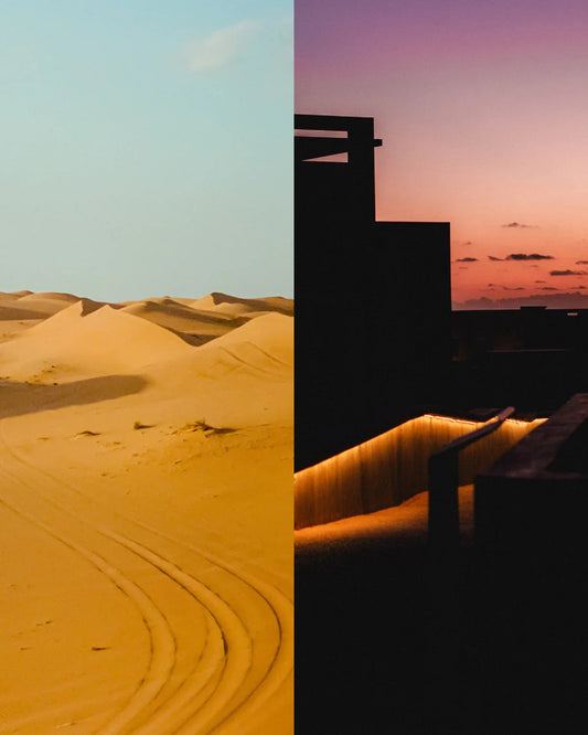 砂漠の砂丘と夕暮れの建築物を並べたコントラスト写真