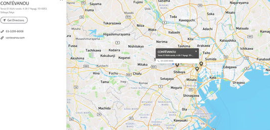 Map showing CONTÉVANOU location in Shibuya, Tokyo, with address, directions, and contact info.