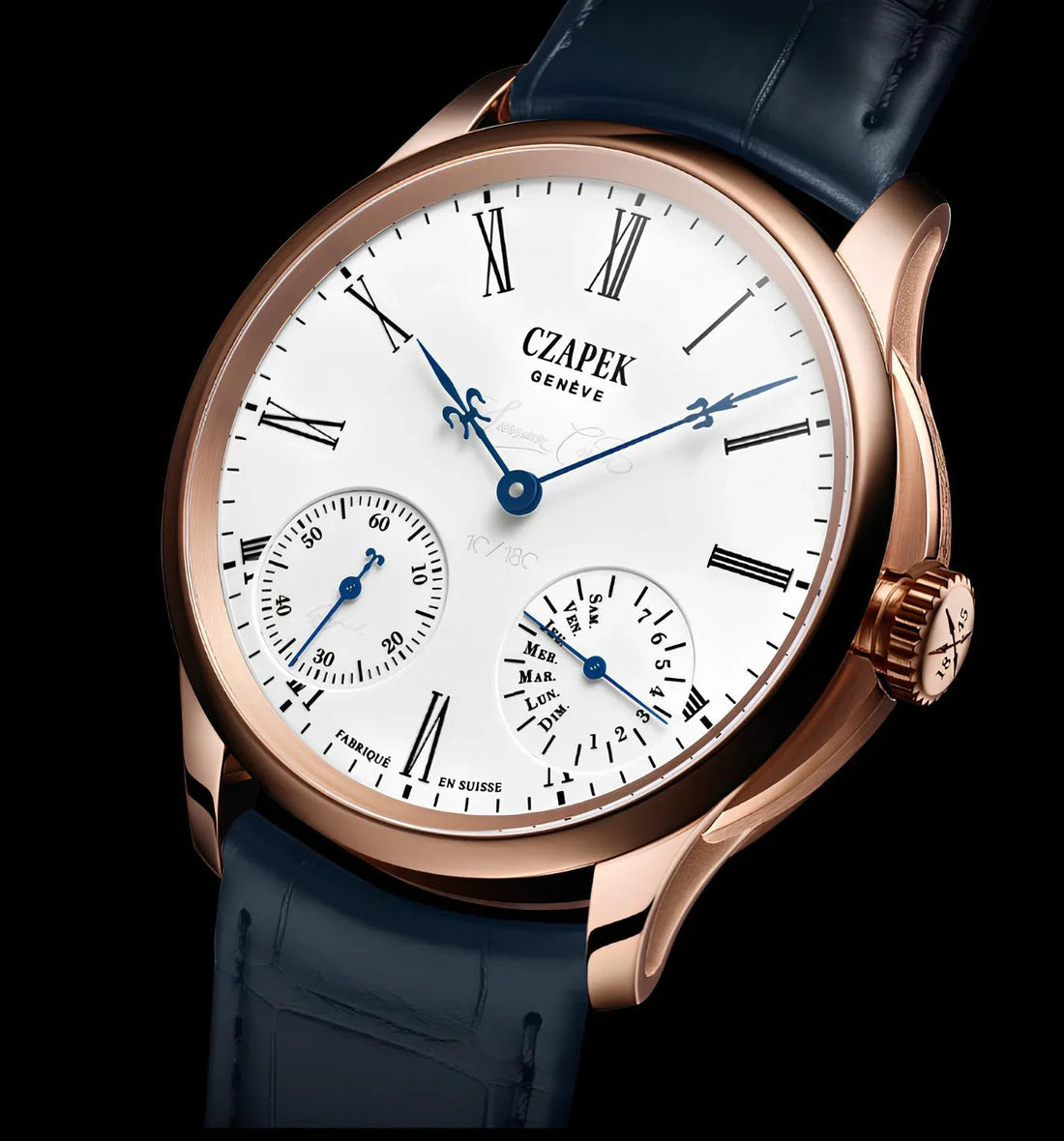 Rose gold-tone blue mechanical leather watch from CONTÉVANOU