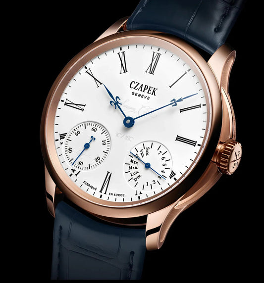 Rose gold-tone blue mechanical leather watch from CONTÉVANOU