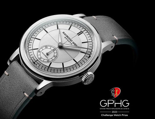 RAYMOND WEIL automatic watch with grey leather strap, winner of a 2023 GPHG award