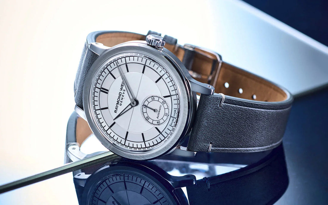 RAYMOND WEIL automatic mechanical watch with white dial and grey leather strap