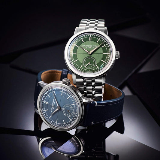 RAYMOND WEIL mechanical watches with green and blue dials, steel bracelet and leather straps