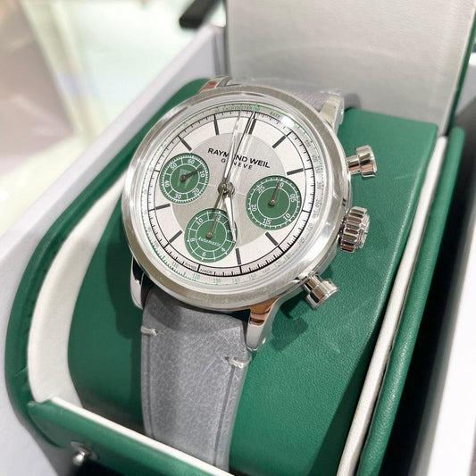 RAYMOND WEIL automatic chronograph with green subdials and grey leather strap