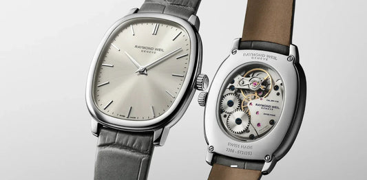 RAYMOND WEIL Swiss mechanical watch with silver dial and visible movement through the case back