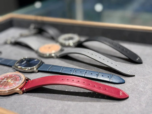 Blue grey red mechanical watch from CONTÉVANOU