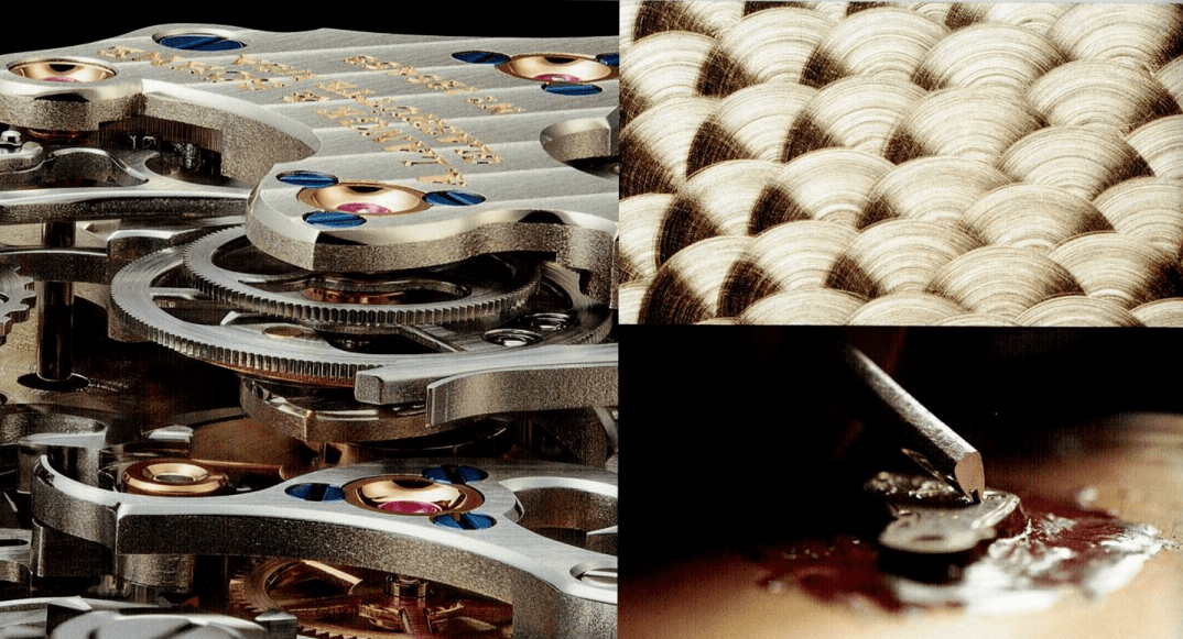 高級腕時計の機械式ムーブメント、繊細な模様加工、職人の手作業アップ画像