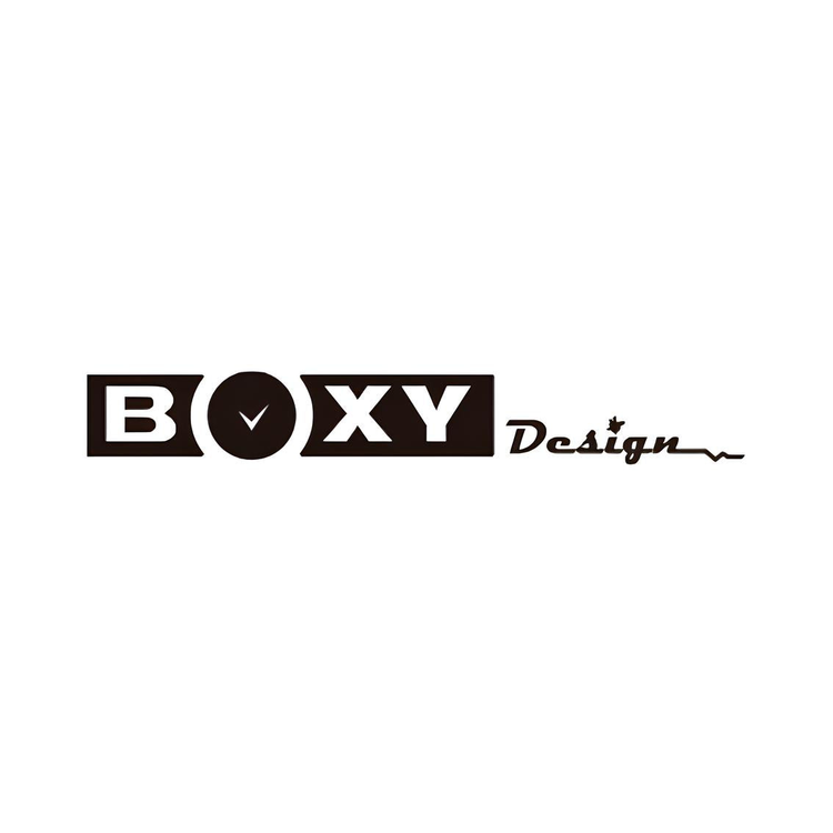 BOXY Designロゴ、中央に時計デザインがあるシンプルな白黒画像