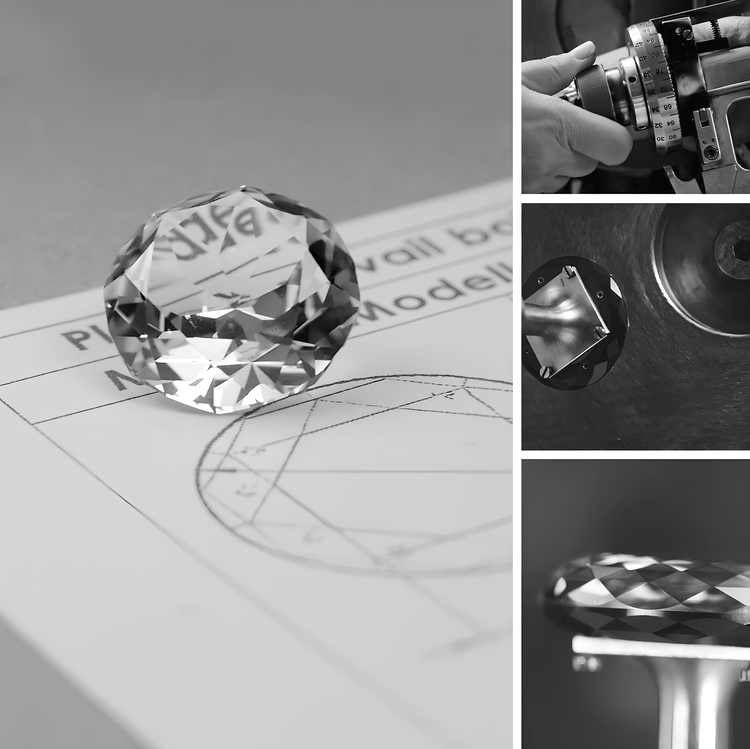 CONTÉVANOU jewelry maintenance process, gemstone cutting, polishing, and diamond diagram.