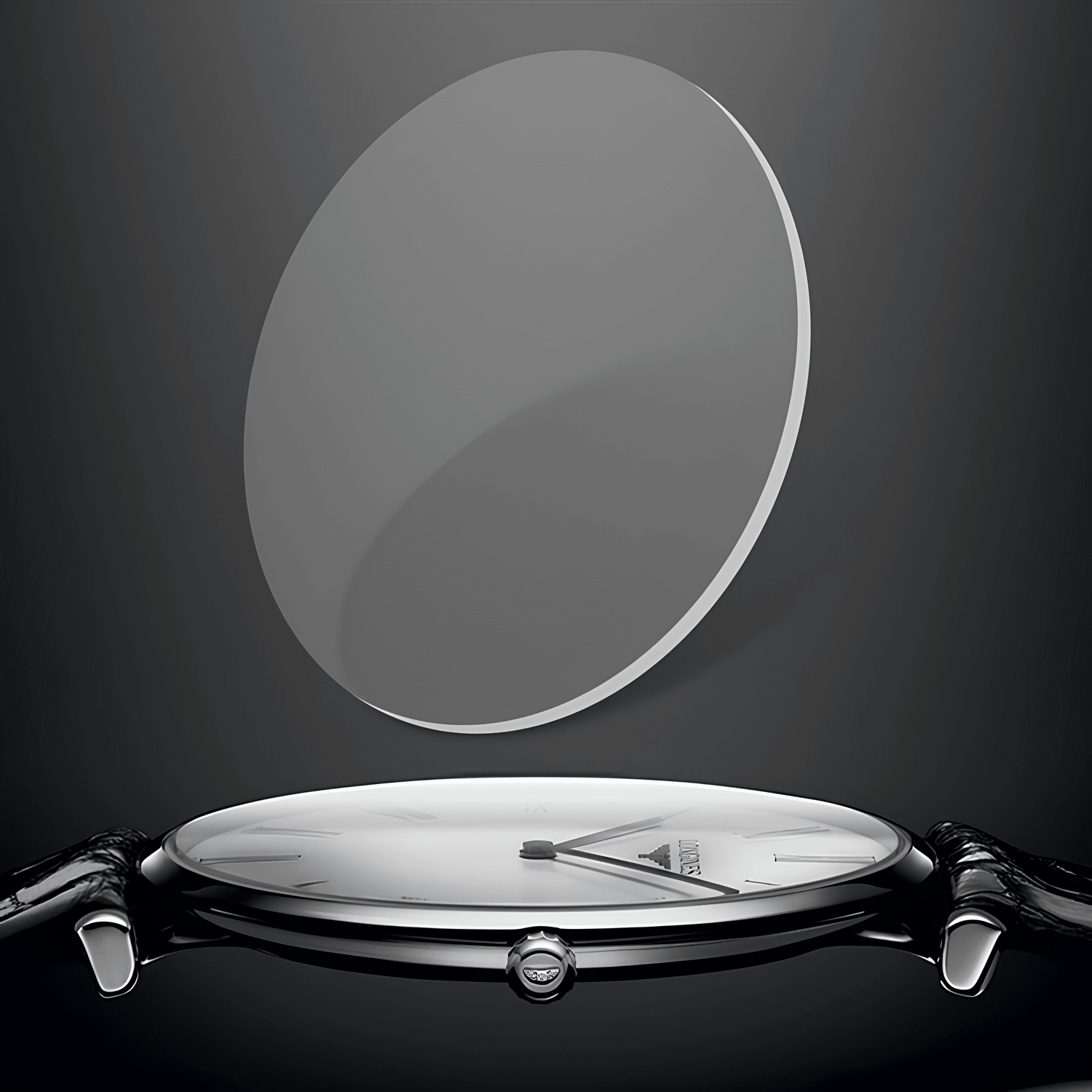 Round watch glass cover positioned above a classic analog wristwatch face on dark background