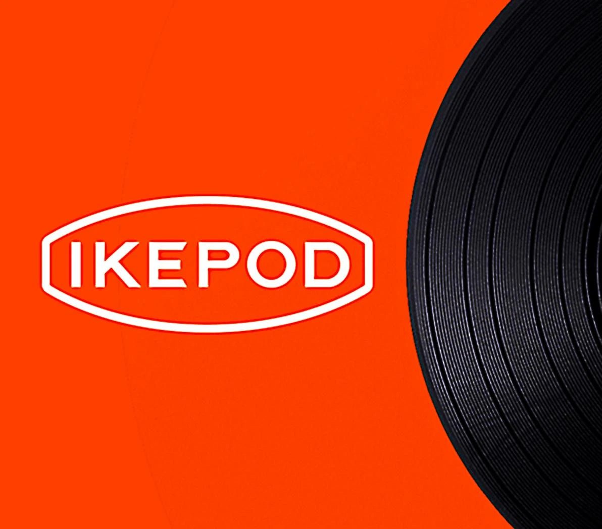 IKEPOD logo on bright orange background with black circular pattern, modern watch design visual