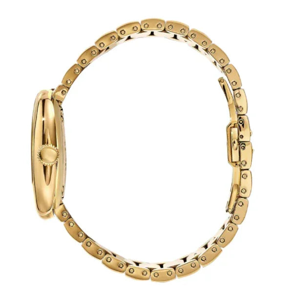 ゴールドの腕時計、側面から見た高級感あるステンレスバンドデザイン