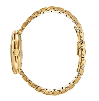 ゴールドの腕時計、側面から見た高級感あるステンレスバンドデザイン