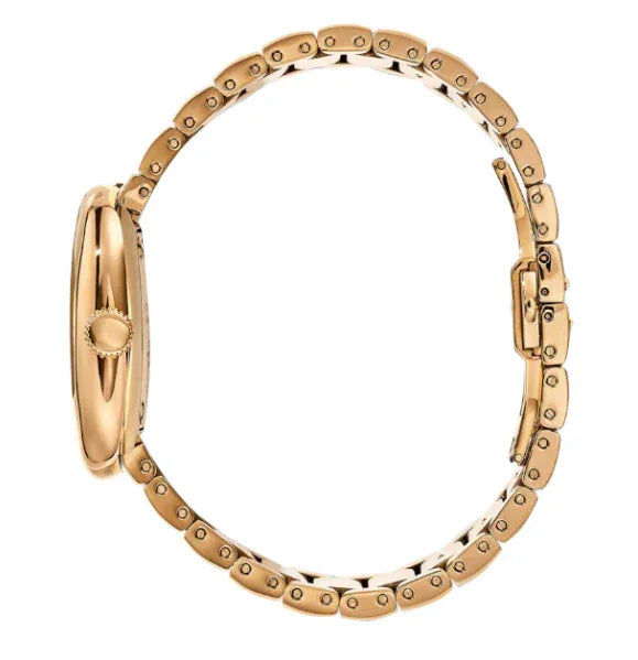 ゴールドカラーの腕時計、サイドビューで薄型ケースとメタルブレスレットが特徴