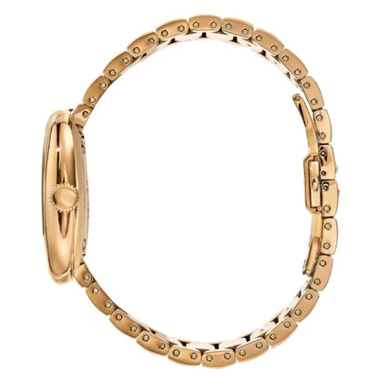 ゴールドカラーの腕時計、サイドビューで薄型ケースとメタルブレスレットが特徴