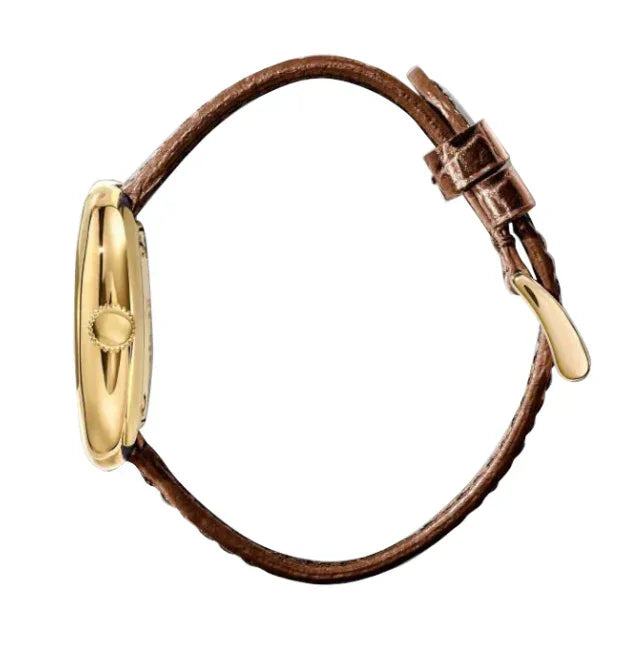 ゴールドケースとブラウンレザーストラップのクラシック腕時計側面