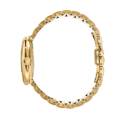 横から見たゴールド腕時計、メタルブレスレットと薄型ケースが特徴