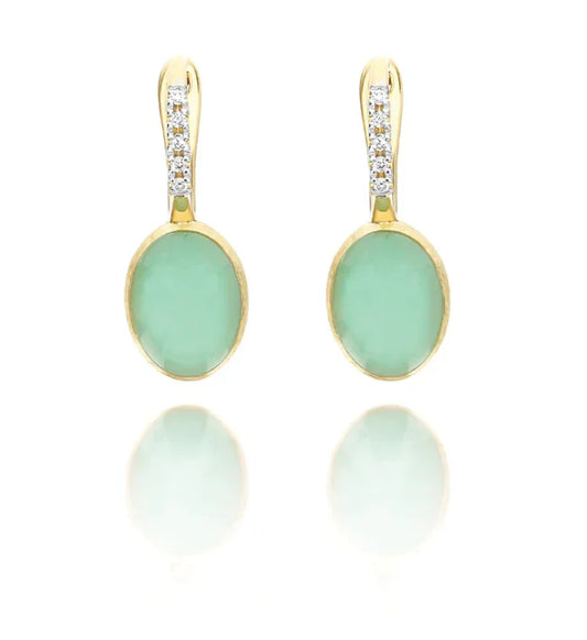 ゴールドとミントグリーンストーンのオーバルピアス、ダイヤ装飾付き、ジュエリー画像