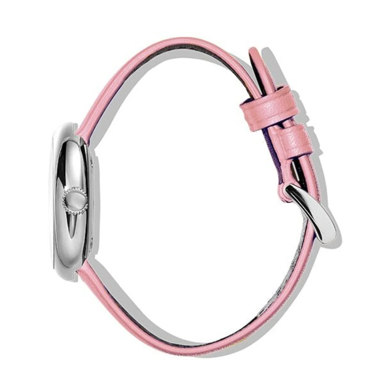 ピンクレザーストラップとシルバーケースの腕時計、横からのシンプルなデザイン