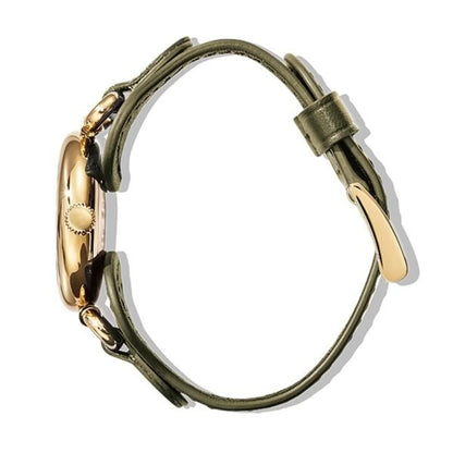 ゴールドケースとカーキレザーベルトの高級腕時計、サイドビュー