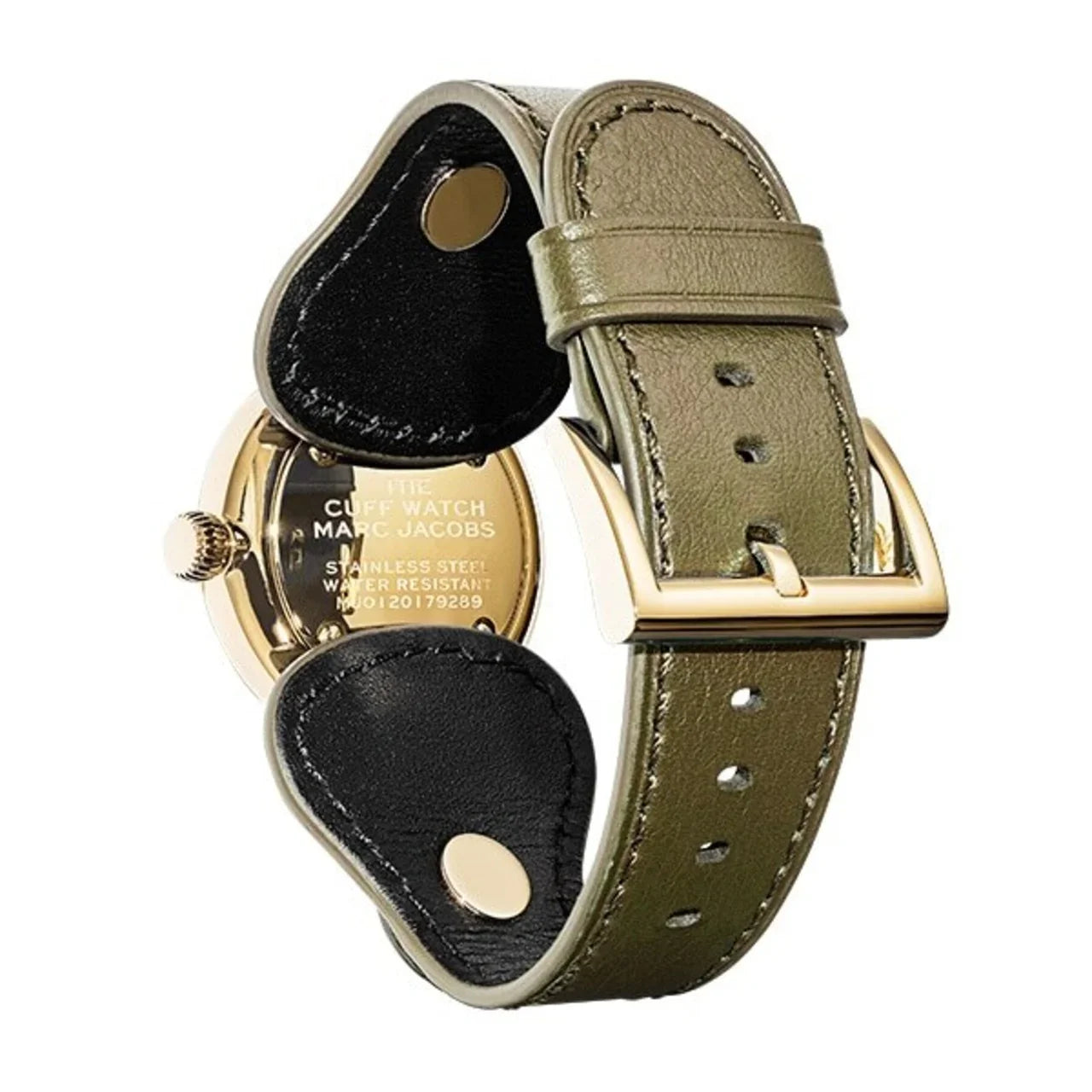 ゴールドケースとカーキ色レザーストラップの高級腕時計、バックルと裏蓋が見える