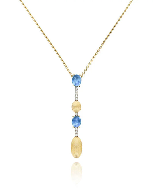 ブルー宝石とダイヤ付きゴールドネックレス、上品なジュエリーデザイン