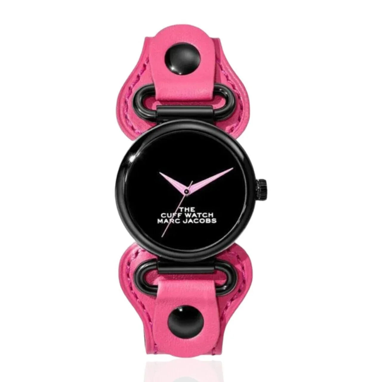 黒い文字盤と黒いケースのピンクレザー腕時計、モダンなデザインの時計