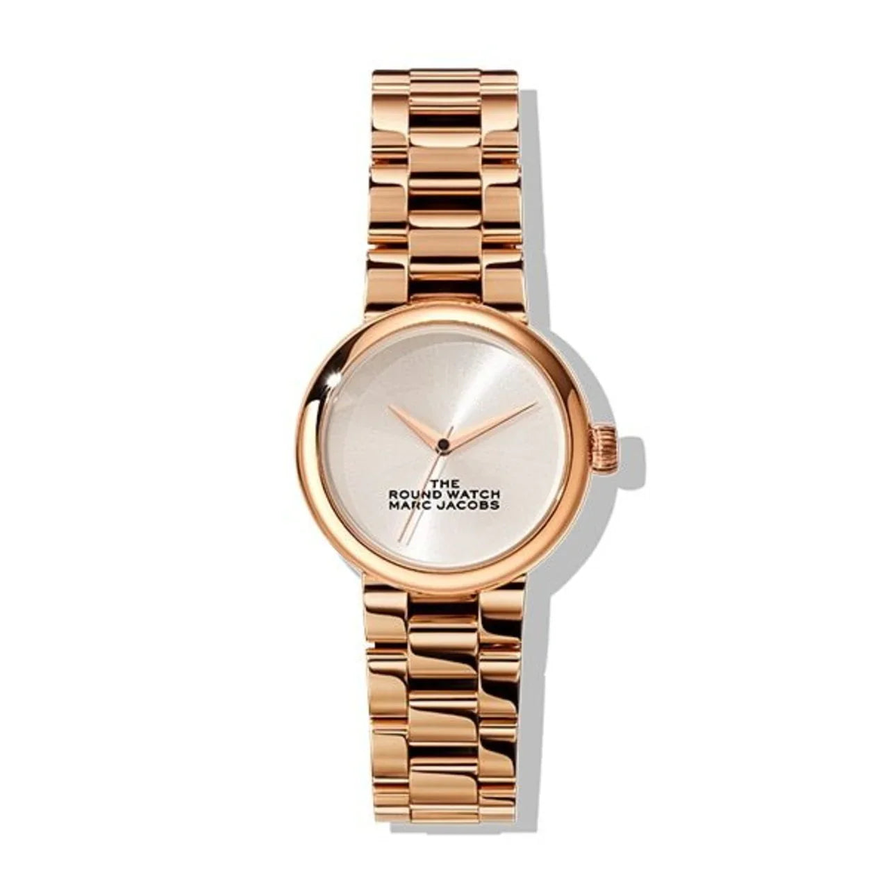 ローズゴールド色メタルバンドの丸型腕時計、シンプルな文字盤デザイン