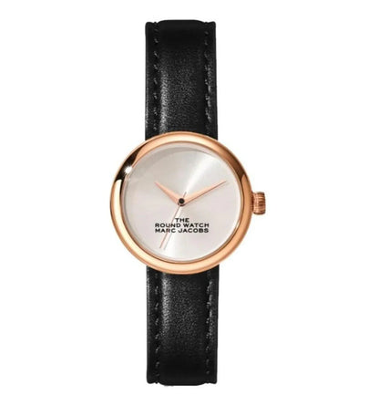 丸型ゴールドケースと黒レザーストラップの腕時計、シンプルな文字盤デザイン