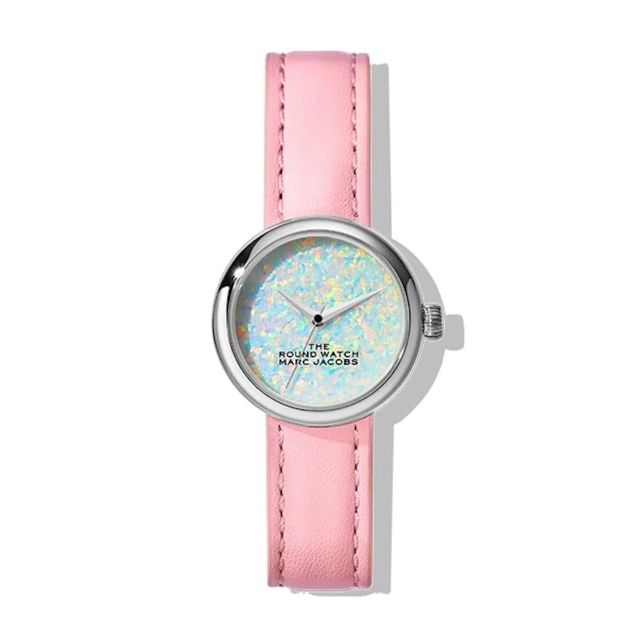 ピンクレザーストラップとオパール風文字盤の腕時計、シルバーケース
