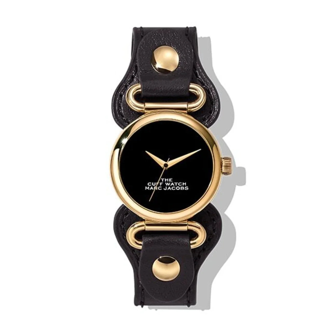 黒レザーとゴールドケースの個性的な腕時計、シンプルで洗練されたデザイン