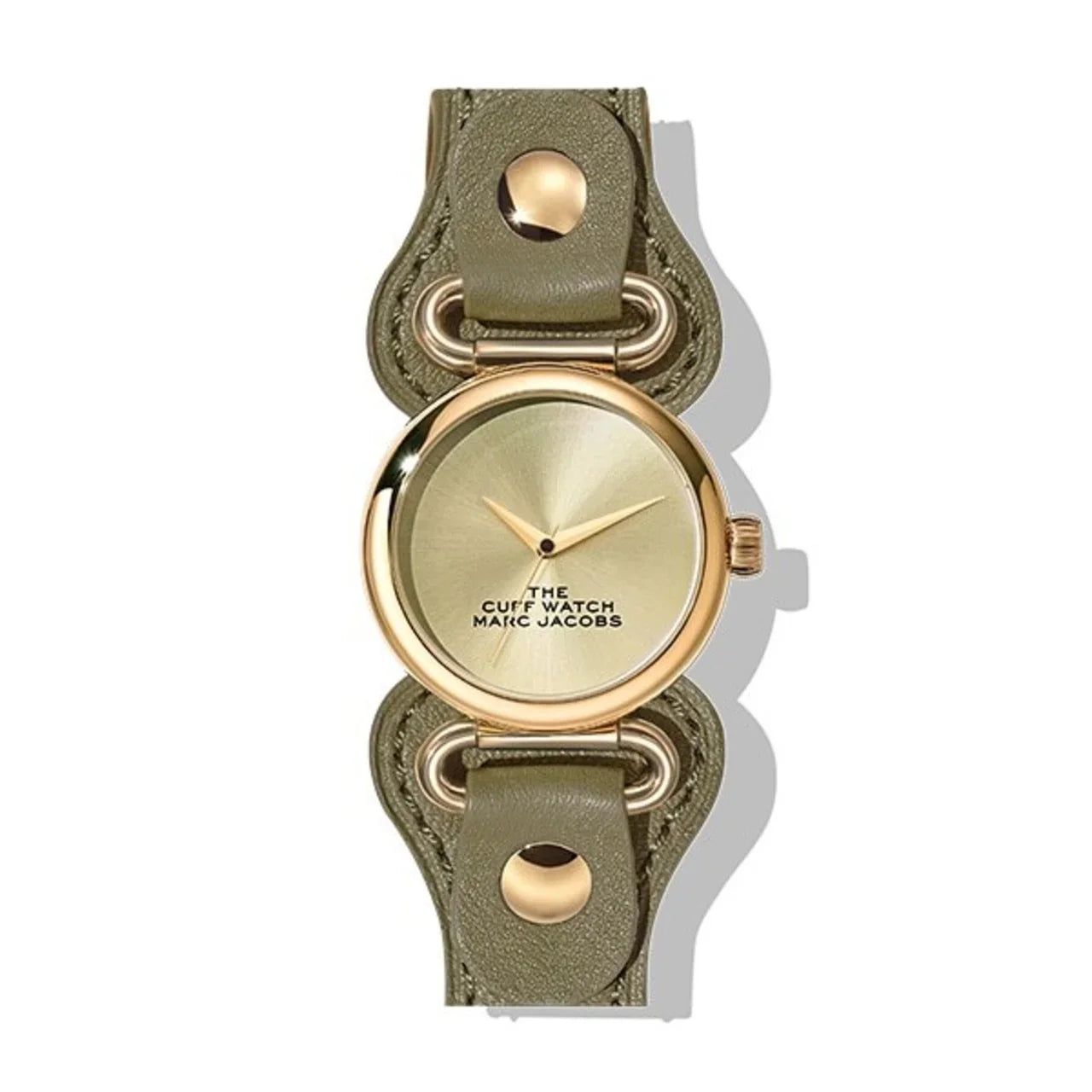 ゴールドケースとカーキレザーベルトの腕時計、シンプルな文字盤デザイン