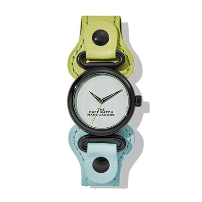 個性的なカフデザインの丸型腕時計、グリーンとブルーのレザーベルトを使用