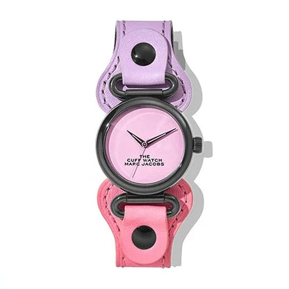 ピンクとパープルのレザー製バンドが印象的な個性的デザインのレディース腕時計
