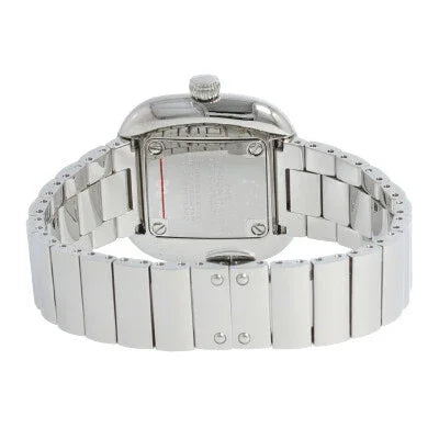 シルバー金属ベルトのスクエア型腕時計、裏面と留め具のディテール