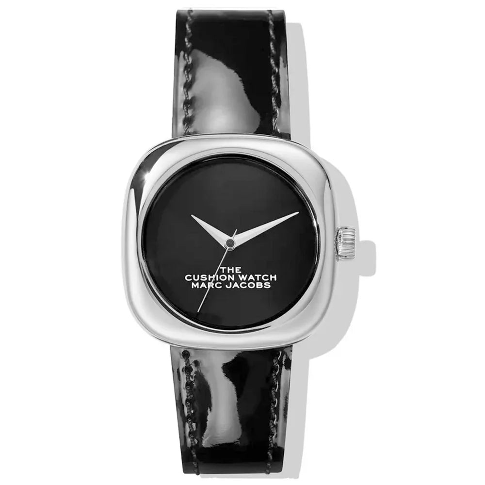 スクエア型シルバーケースと黒革ベルトのシンプルなデザイン腕時計、光沢仕上げ