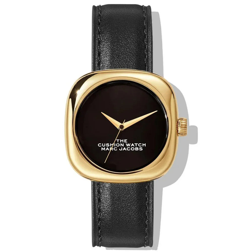 ゴールドケースと黒レザーベルトのスクエア腕時計、シンプルな文字盤デザイン